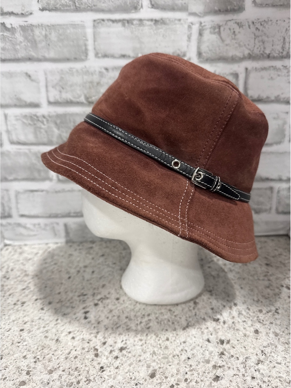 Vintage Coach Brown Suede 100% Leather Bucket Hat with Black Leather Strap, P/S